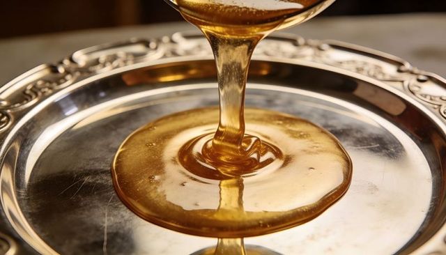Pouring golden honey creating glossy amber pool on ornate silver tray closeup
