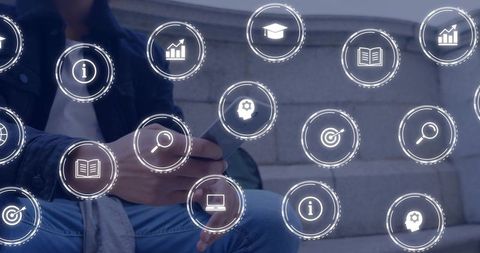 Tapping smartphone with floating UI icons for mobile learning and analytics