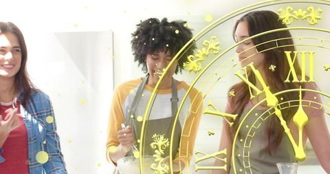 Friends stirring batter together in bright modern kitchen with golden clock overlay