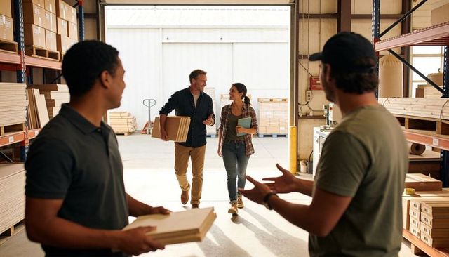 Warehouse team walking and carrying wood panels while discussing inventory and workflow
