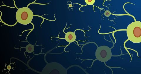 Illustration of neuron cells with synapses on blue background