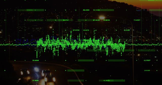 Digital Soundwaves and Traffic in Silhouette Cityscape - Download Free Stock Images Pikwizard.com