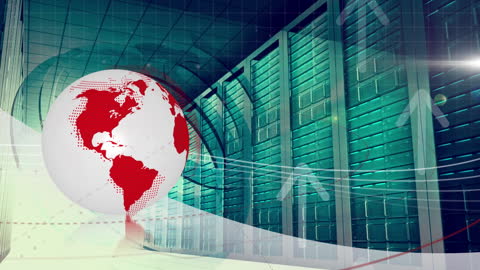 Digital Globe Display with Data Servers and Arrows Symbolizing Global Networking