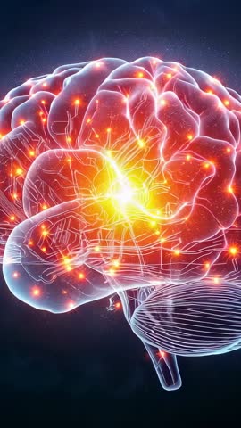 Pulsing 3D Brain Network Visualizing Glowing Neural Nodes and Synaptic Activity