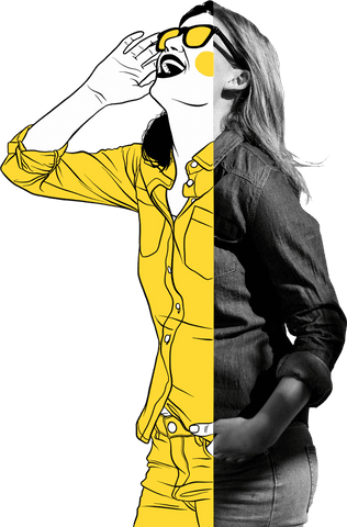 Transparent fusion of cartoon and reality: woman delighting in laughter