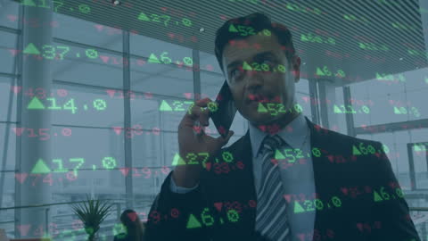 Businessman Discussing Finance with Stock Ticker Overlay in Office