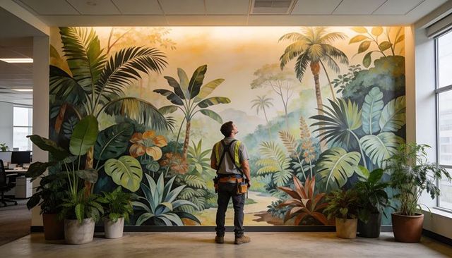 Tradesman in hi-vis vest admiring tropical mural in modern office with potted plants