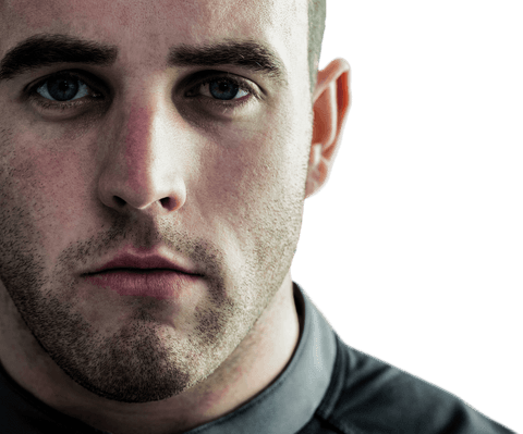 Transparent focused rugby player with intense gaze