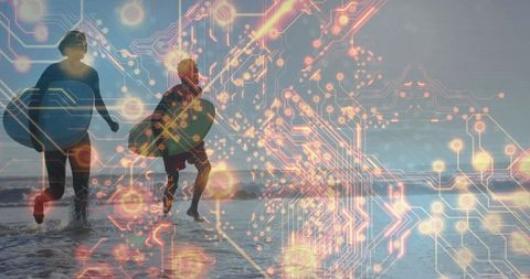 Couple with Surfboards and Neon Circuit Overlay on Water