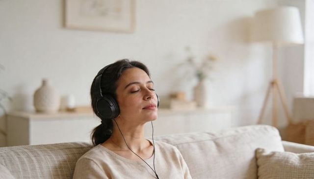 Woman listening to music on sofa with wired headphones relaxing in neutral living room