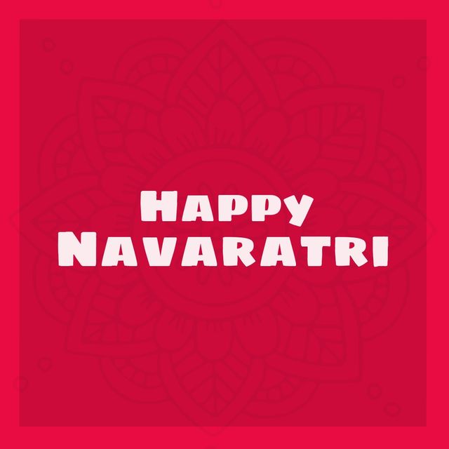 Navaratri greeting featuring bold white text on vibrant red background with intricate ornamental pattern. Ideal for celebrating Navaratri, sharing festive wishes, social media posts, event invitations, and digital cards.