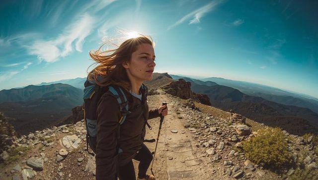 Female hiker trekking windy mountain ridge with backpack and pole, alpine panorama