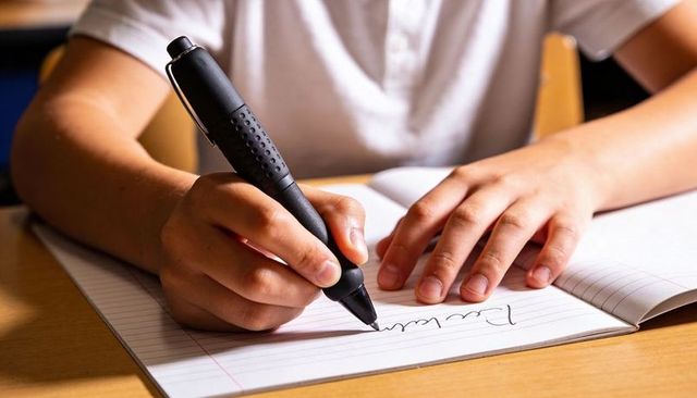 Child practicing handwriting with black retractable pen on lined notebook at desk closeup