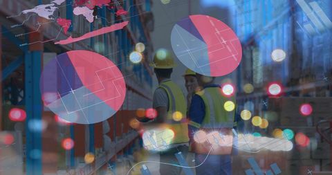 Digital Data overlay on Warehouse Workers Analyzing Logistics