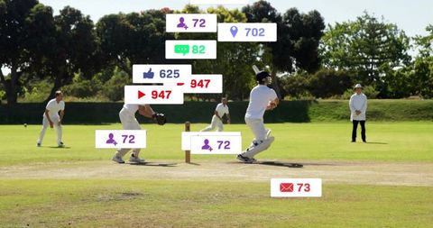 Cricket batsman hitting shot on sunlit field with social media engagement overlays