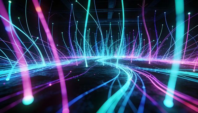 Streaming neon data trails curving over dark floor with vertical glowing beams