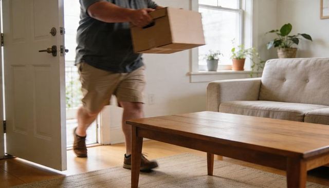 Delivery courier carrying cardboard box through open front door into cozy living room