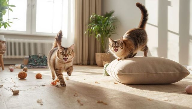 Playful tabby cats running toward camera in sunlit living room with yarn and cushion