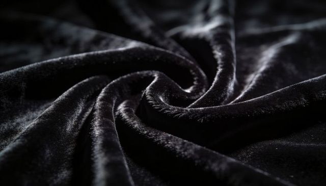 Black velvet swirl showing luxurious pile, glossy highlights and soft tactile texture