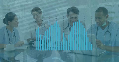 Healthcare Professionals Collaborating with Data Visualization Overlay