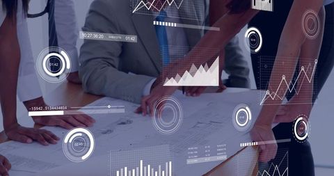 Collaborating over blueprint while hud overlays displaying analytics and project planning