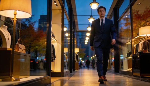 Walking executive in navy suit through luxury boutique corridor at dusk with reflections