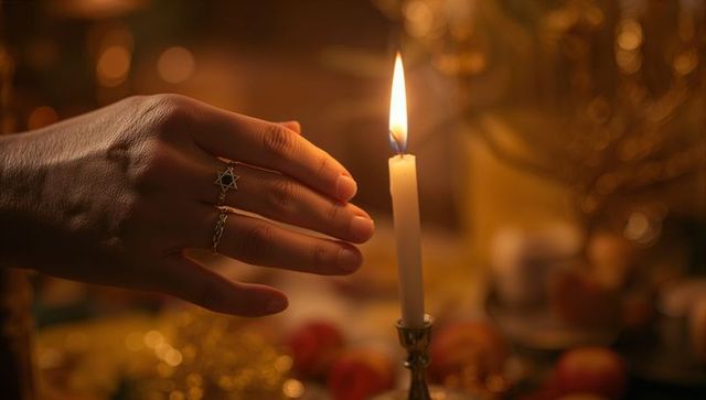 Candle ceremonial scene with jewelry details on festive table
