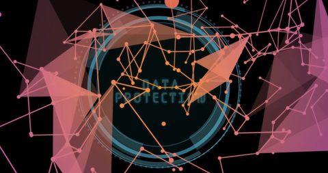 A futuristic concept of network interconnected by vibrant pink and orange geometric shapes over a dark background, highlighting the theme of data protection. Use in presentations about cybersecurity, global finance, technology innovations, or business networks. Ideal for illustrating computing and digital data processing concepts.