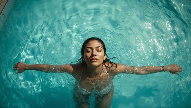 Sunlit turquoise pool woman floating with arms outstretched and serene expression