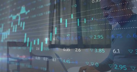 Mature Investor Analyzing Stock Market Data on Laptop with Candlestick Charts