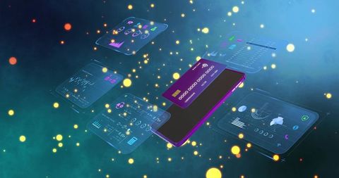 Floating smartphone displaying virtual credit card and holographic fintech dashboards