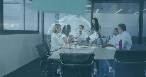 Diverse team collaborating around conference table with holographic globe visualization