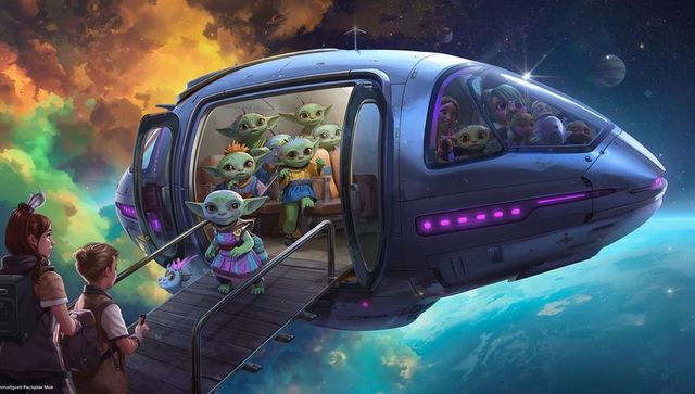 Human and alien kids board futuristic shuttle in space adventure