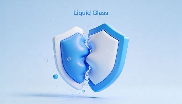 Floating glossy blue shield halves forming vertical liquid seam, interlocking protection