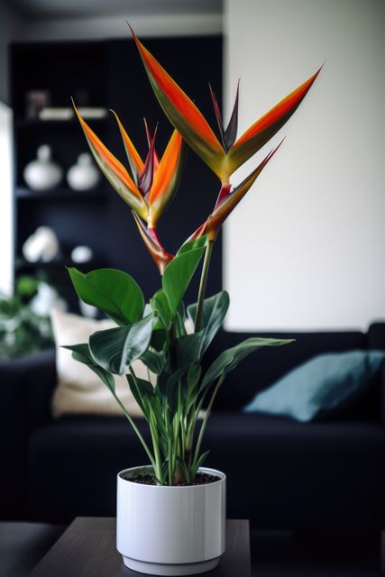 Large Bird of Paradise houseplant prominently displayed in a contemporary living room, adding vibrant color and a touch of tropical nature to the interior decor. Useful for home decor ideas, gardening inspiration, and indoor plant enthusiasts.