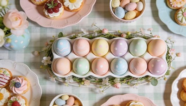 Displaying pastel easter egg centerpiece on gingham table with cupcakes and floral wreath