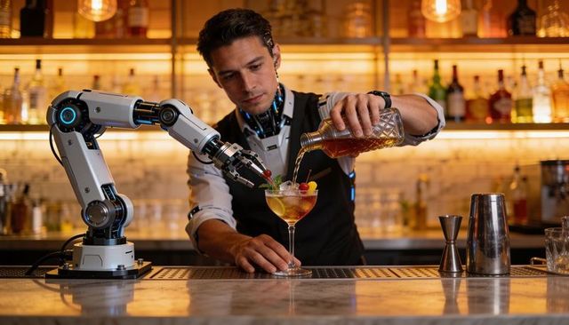 Male bartender pouring cocktail with robotic arm while wearing neck tech in upscale bar