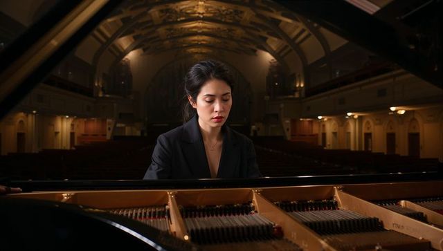 Solo pianist performing classical pieces on grand piano in ornate concert hall intimate evening rehe