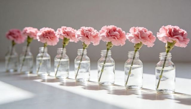Row of Pink Carnations in Glass Vials Casting Long Shadows on White Tabletop Minimalist Still Life