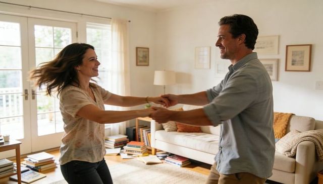 Couple dancing in cozy sunlit living room spinning hand-in-hand, warm home romance, joy