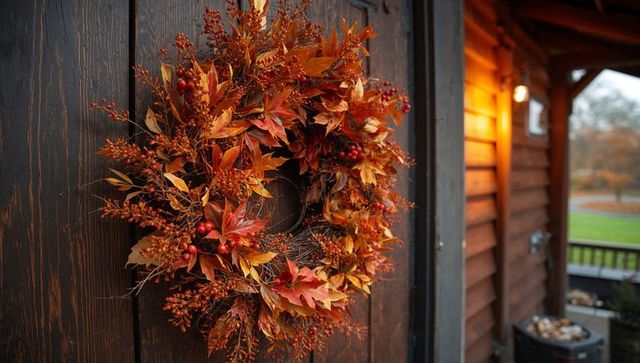 Autumn wreath welcoming guests on rustic wood door with warm porch light and fall decor