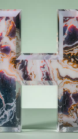 Vertical video showing marbled 3D letter H with shifting light and reflective surfaces