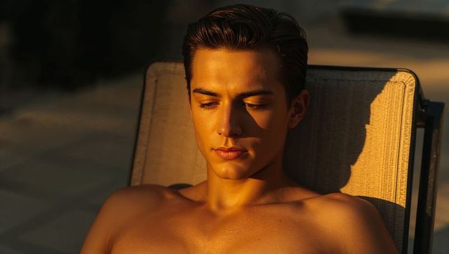 Young Man Reclining Shirtless, Soaking Golden Hour Sunlight on Patio Lounge Chair