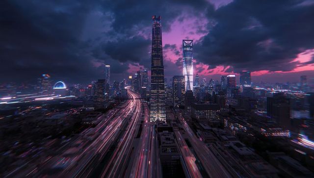 Futuristic Neon Cityscape with Dynamic Light Trails