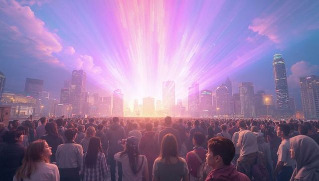 Crowd watching radiant neon light burst over waterfront skyline, people recording with phones