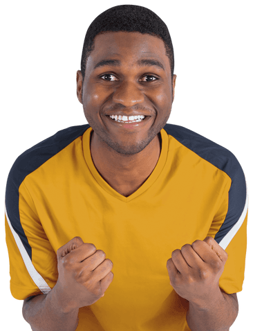 Cheerful Man in Yellow Jersey Celebrating Victory on Transparent Background