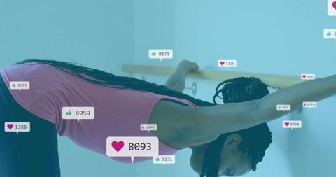 Female Athlete Practicing Barre with Social Media Engagement Icons
