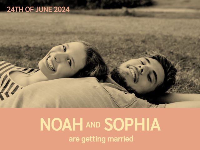 Couple lying on grass, joyfully announcing their wedding date. Ideal for save-the-dates, wedding invitations, and celebration announcements. Vintage sepia tone adds nostalgic and classic touch.
