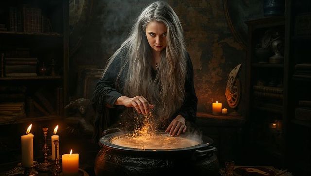 Enchanting sorceress performing ritual in candlelit chamber