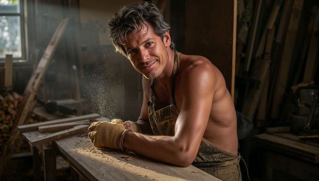 Shirtless carpenter leaning on workbench smiling, rustic woodshop craftsman portrait